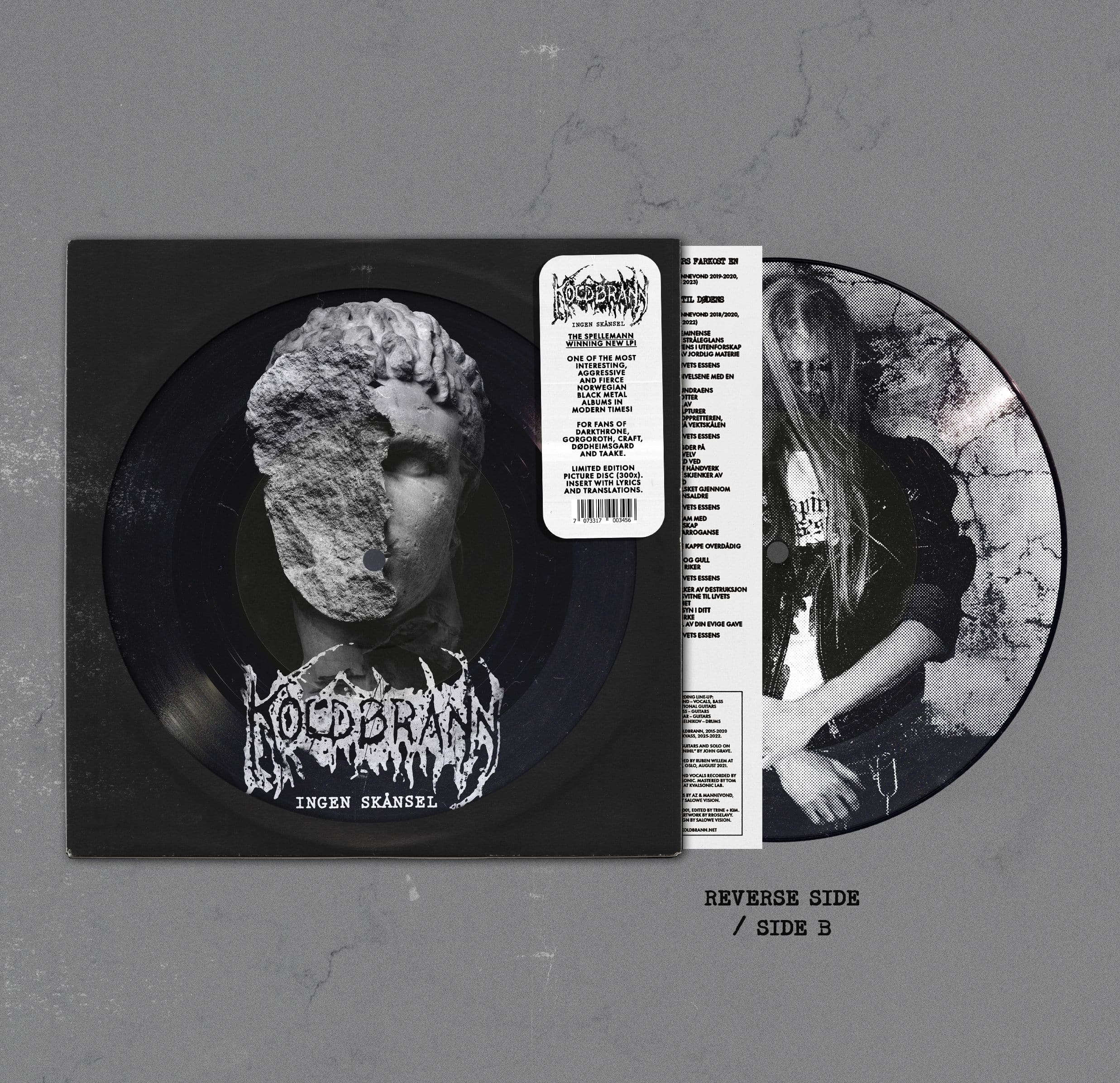 Norwegian Black Metal band Koldbrann - Ingen skånsel picture disc cover